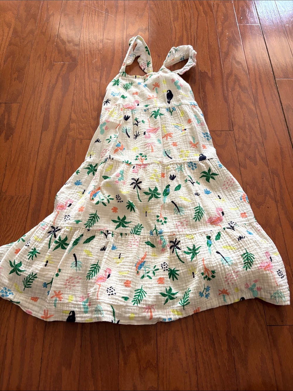 Hanna Andersson White Tropical Print Tiered Sundress with Green Leaves